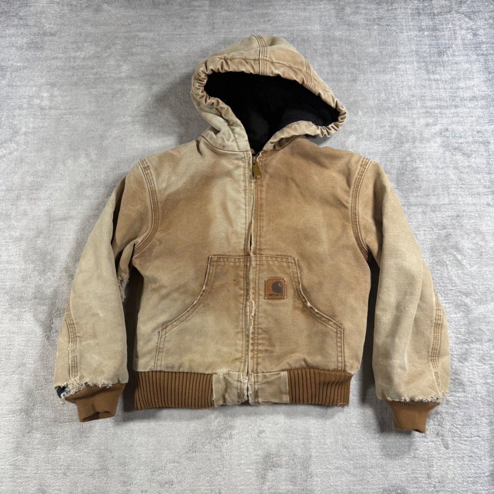 Carhartt Jacket Youth Small Brown Active Distressed Canvas Hooded YYJ130 BRN